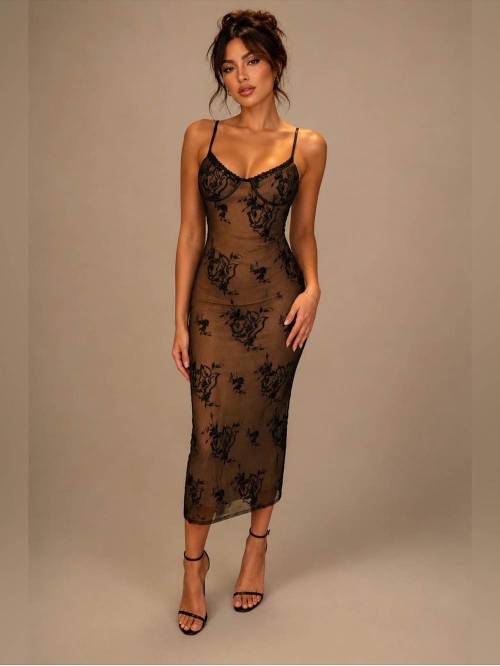 Meshki Black Sheer Floral Midi Dress